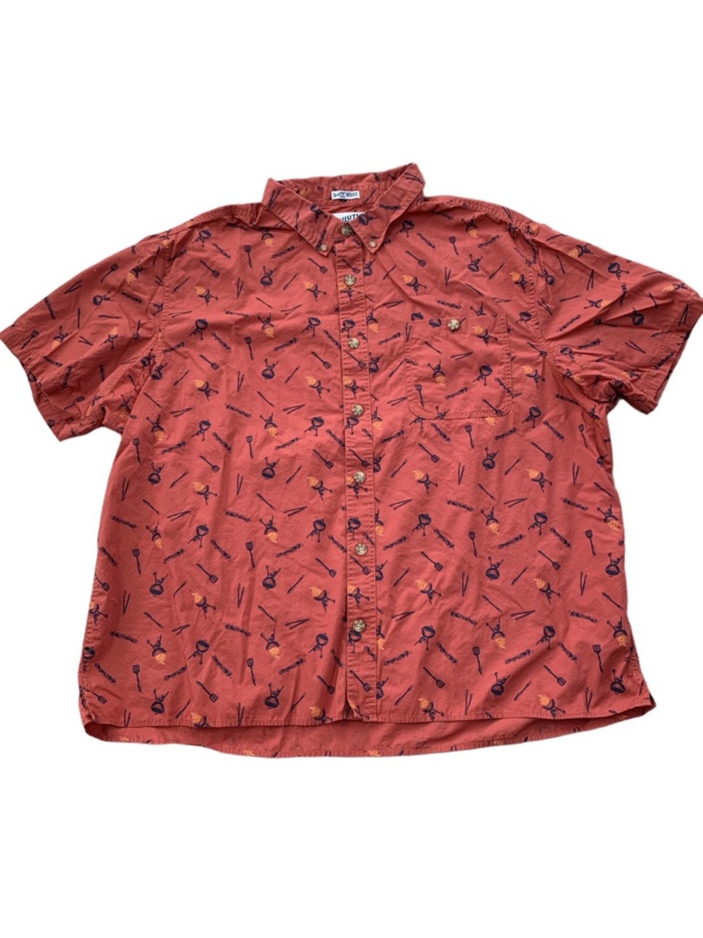 Duluth Untucked Men’s 2XL BBQ Grill Print Short Sleeve Shirt Relaxed Fit Red
